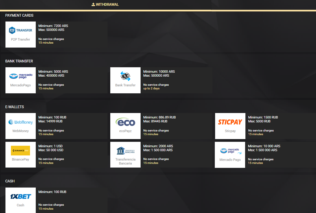 Opciones de retiro en 1xSlots